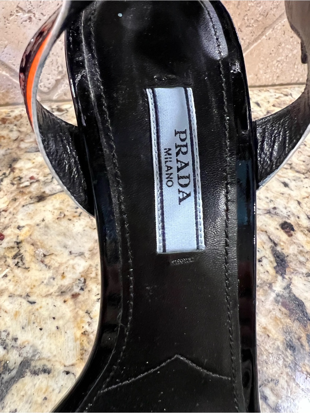 Prada 2018 Flame Detail Black Patent Leather Wedge Sandals w/ Orange Flame - Picture 5 of 14